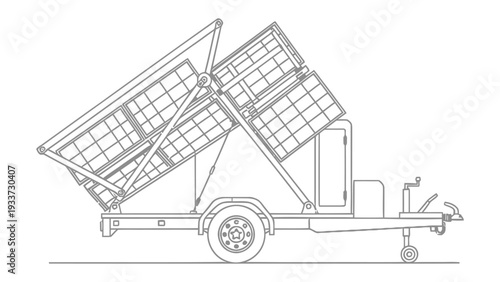 Line Art Utility Trailer: A detailed line art illustration of a utility trailer with its bed in a raised position, showcasing its design and functionality for transport.