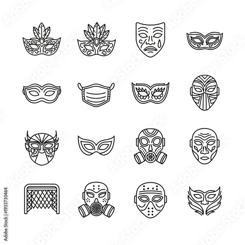 Diverse Collection of Mask Line Art Icons for Various Themes