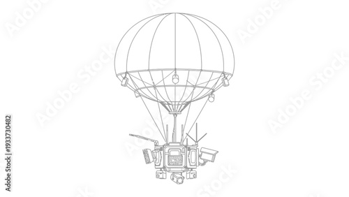 Skyward Explorer: A meticulously detailed outline showcases a vintage airship, poised for flight, with its grand balloon and intricate carriage ready to journey to the heavens. 