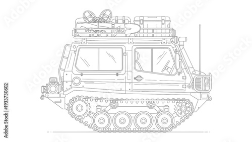 Expedition Vehicle Adventure: A rugged all-terrain vehicle, fully equipped with gear, stands ready for adventure, embodying the spirit of exploration and the thrill of the open road.