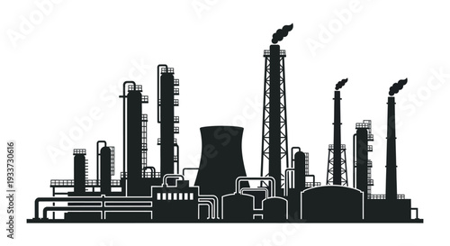 A stark black cityscape depicts an industrial complex with numerous smokestacks and buildings a silhouette high quality professional