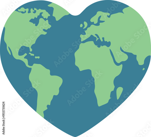 Flat vector illustration of planet Earth in the shape of a hearth, representing environmental protection and global love.