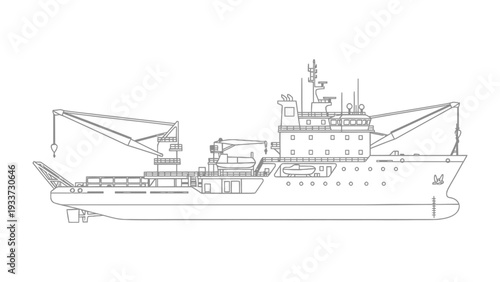 Research Vessel Diagram: A detailed schematic illustration of a research vessel, showcasing its specialized equipment and features designed for marine exploration and scientific studies. 