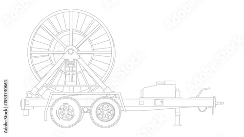Cable Reel Trailer: A detailed monochrome illustration of a cable reel trailer, showcasing the structural components and engineering design.