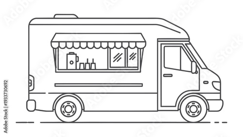 Food Truck Illustration: A detailed line art illustration of a modern food truck, showcasing its design and features with a clean, graphic aesthetic.