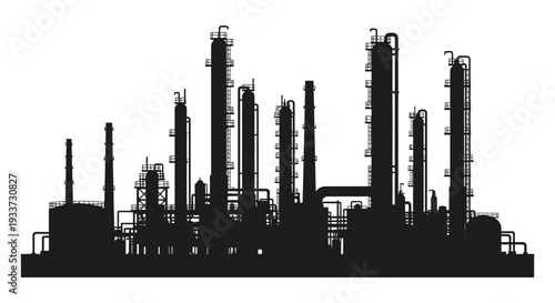 A striking black silhouette depicts an industrial complex with numerous towers and processing units silhouette high quality professional