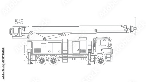 5G Network Maintenance Vehicle: A detailed line drawing showcases a specialized vehicle designed for maintaining and servicing the 5G network infrastructure.