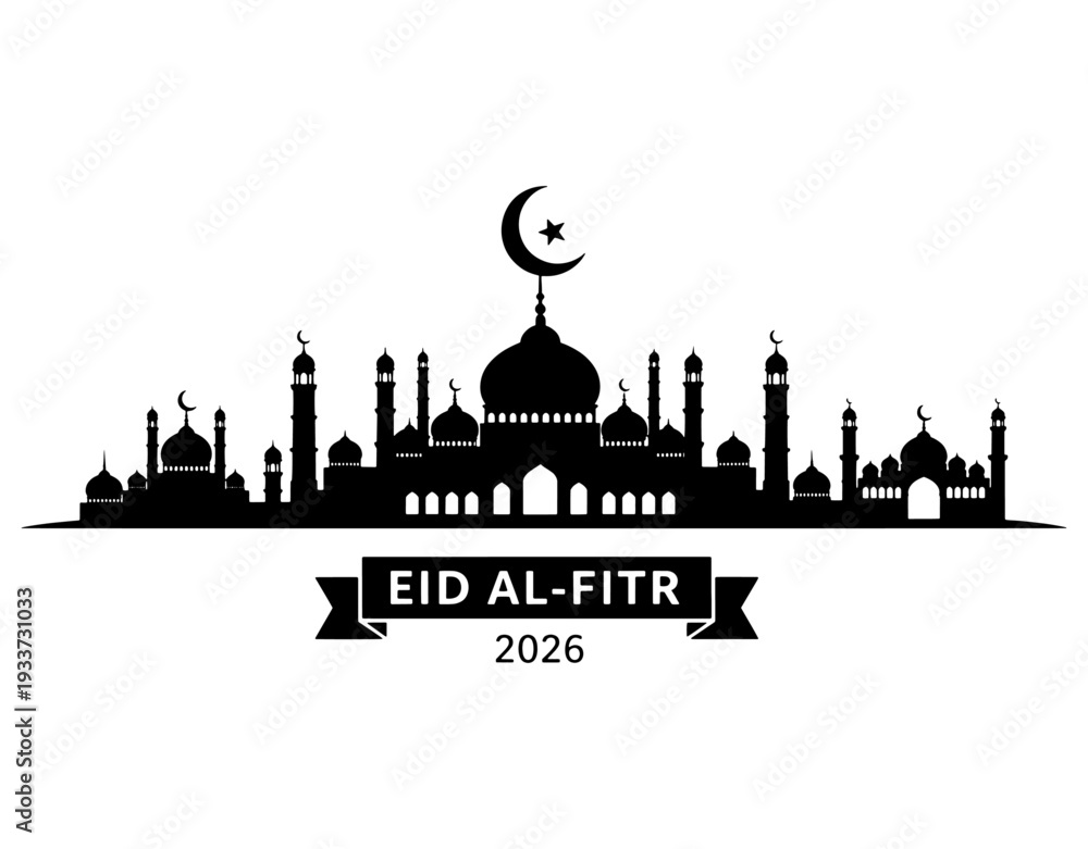Fototapeta premium Panoramic Silhouette of a Grand Mosque Complex with Minarets and Domes for Eid al-Fitr 2026 Celebration, Minimalist Black and White Vector Illustration for Islamic Greeting Cards. 