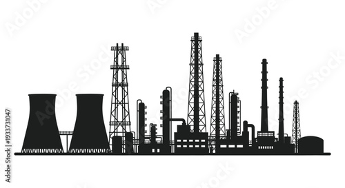 A stark black silhouette depicts an industrial complex with towers pipes and structures silhouette high quality professional detailed