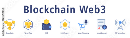 Blockchain Web3 web banner icon vector illustration concept with icon of blockchain, web3 app, nft, defi finance, voice shopping, smart contract, and 5g technology.