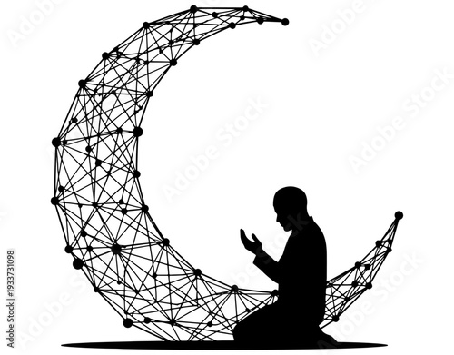 Silhouette of a person in prayer beneath an intricately designed crescent moon

