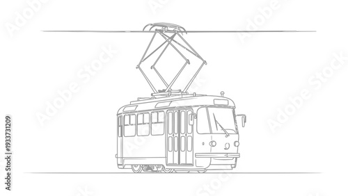 Classic Tram Illustration: An artistic sketch depicts a traditional tram, complete with its overhead power connection, a nostalgic glimpse into urban transport history.