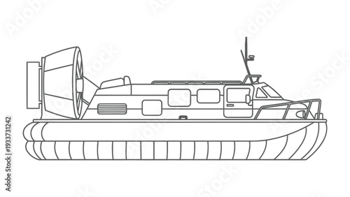 Hovercraft Illustration: A detailed illustration showcases a modern hovercraft, a versatile amphibious vehicle designed for efficient travel over diverse terrains. 