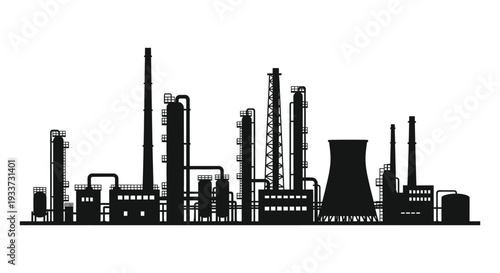 A stark black cityscape depicts an industrial complex with numerous towers and structures silhouette high quality professional detailed