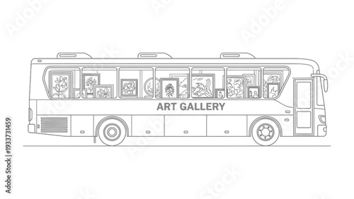 Art Gallery on Wheels: This image captures a unique art gallery concept, presenting artwork through the windows of a moving vehicle, highlighting creativity and mobility.