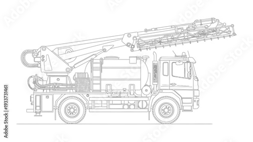 Fire truck in Action: A detailed, side view of a fire truck with an elevated ladder, poised for action, showcasing its intricate mechanisms and the strength. 