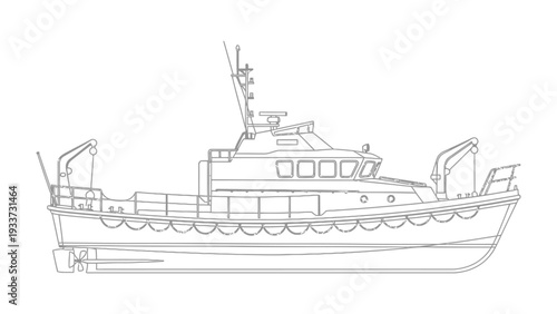 Rescue Vessel Schematic: A detailed schematic illustration of a rescue vessel, showcasing its design and features essential for maritime operations and lifesaving missions.