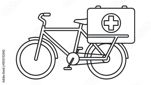 Emergency Medical Bicycle: A line art rendering of a bicycle outfitted with a medical kit, symbolizing swift aid and healthcare accessibility.