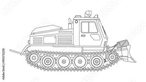 Snow Tractor: Outlined Illustration of Snow Tractor, highlighting its track, blade, and intricate design.