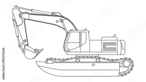 Hydraulic Excavator Illustration: Detailed outline of a heavy-duty hydraulic excavator, poised for earthmoving tasks, showcasing its powerful machinery in a clear, linear depiction.