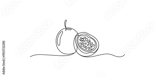 A continuous line art illustration of whole and half passion fruit on a white background