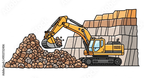 Yellow Excavator Digging Rocks Quarry.