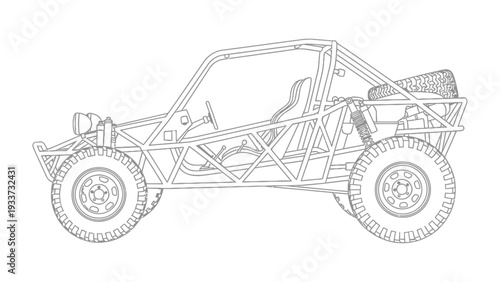 Off-road Buggy: Detailed line drawing of an off-road buggy, designed for adventurous driving across challenging terrains, highlighting its rugged features.