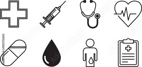 A set of vector line art medical icons in silhouette mode for healthcare and wellness purposes