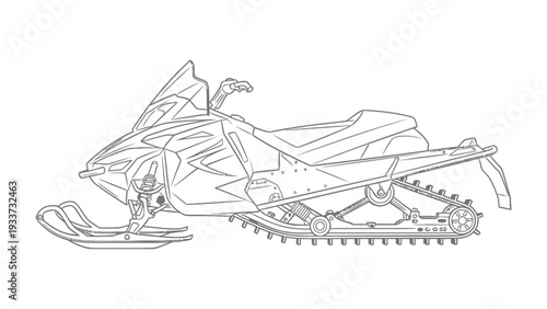 Snowmobile Outline: A detailed outline of a modern snowmobile, highlighting its design and components, ideal for illustrations or design purposes.