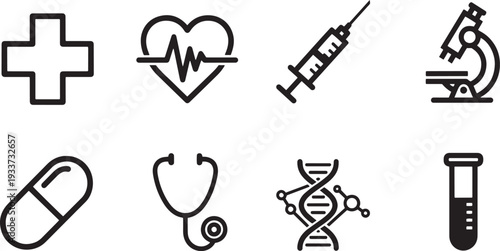 A set of vector line art medical icons in silhouette mode for healthcare and wellness designs