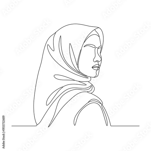 Continuous line drawing of a beautiful muslim woman wearing hijab.
