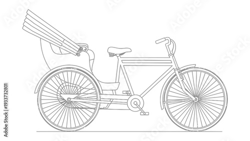 Rickshaw: An outline drawing of a classic rickshaw, highlighting the distinctive features of this traditional mode of transport.
