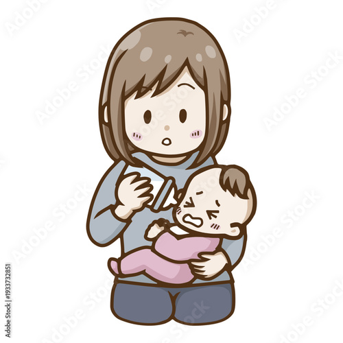 泣く赤ちゃんに哺乳瓶でミルクをあげて驚く・気づく母親のイラスト（授乳の悩み・ミルク拒否）