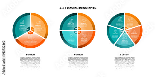 Set of vector infographic circular templates. Cycle diagrams with 3, 4, 5, parts, options. Can be used for chart, graph, report, presentation, web design. Vector editable 