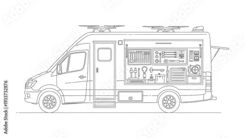Mobile Workshop: An illustration of a meticulously equipped mobile workshop van, designed for on-site services and repairs, offering convenience and efficiency.