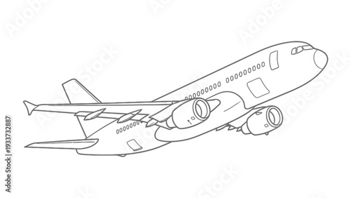 Aviation Ascent: A detailed monochrome illustration of a commercial airplane ascending, poised against the sky, conveying the concepts of flight and travel.