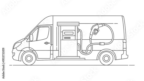Fueling Efficiency: Illustration of a van at a gas station, symbolizing the vital connection between transportation and fuel, essential for moving goods and services.