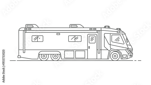 Modern RV Sketch: A sleek, detailed outline of a modern recreational vehicle, ideal for travel and adventure, highlighting its features and design elements.