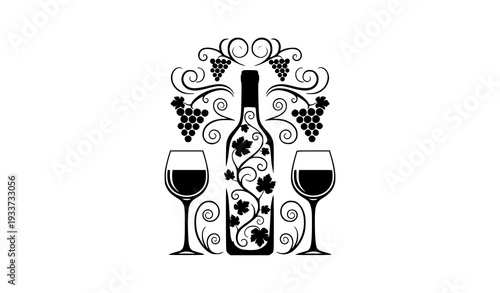 Elegant Wine Bottle and Glass Vinyl Decal with Grape Vine Ornament for Kitchen and Restaurant Wall Art