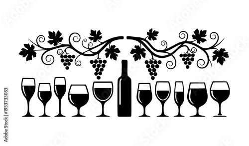 Modern Wine Glass Row with Grapevine and Bottle Vinyl Cut File for Bar Kitchen Restaurant Decor