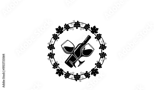 Wine Bottle and Glass Circular Grapevine Emblem Vinyl Decal for Winery Kitchen and Restaurant Branding