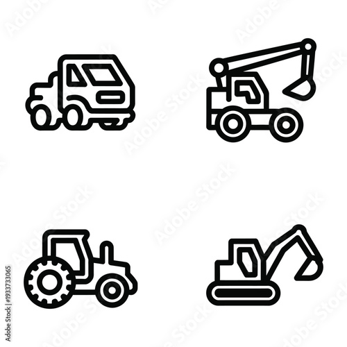 Wallpaper Mural Set of simple line icons for construction vehicles: truck, crane, tractor, excavator. Clean vector graphics. Torontodigital.ca