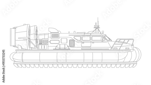Hovercraft Schematic: A precise outline of a hovercraft, showcasing the intricate mechanical design and aerodynamic features, representing the innovation in modern transport.
