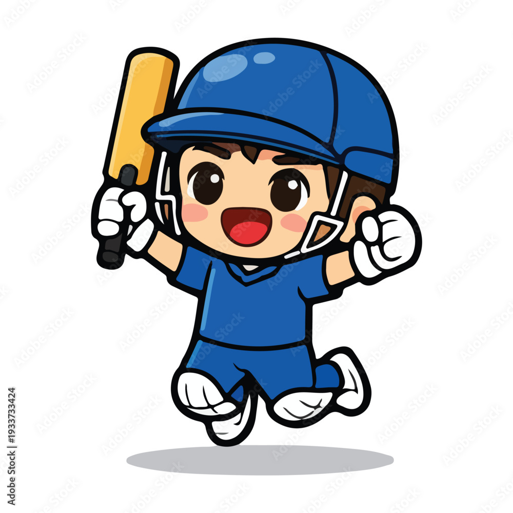 Fototapeta premium Cute Chibi Cricket Player Celebration Jump – Flat Color Cartoon Character