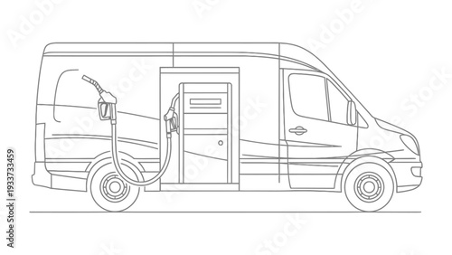 Fueling Journey: A streamlined van is depicted at a fuel station, symbolizing the process of refueling for travel or business operations.
