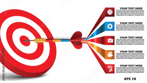 3D Target and Arrow Success Infographic. Vector Illustration of a Strategic Goal Template with 5-Step Process Banners and Target Bullseye