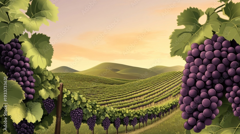 Fototapeta premium Lush Vineyard Landscape with Rolling Hills and Grapes