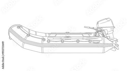 Inflatable Boat Outline: Detailed line drawing of an inflatable boat, showcasing its streamlined design and outboard motor. A clear and concise representation for various applications.