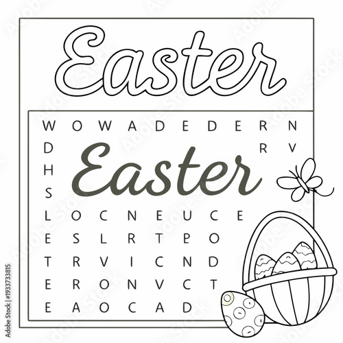 Easter Word Search Printable Game Layout, Clean Flat Vector Activity Sheet for Kids School and Family Gatherings