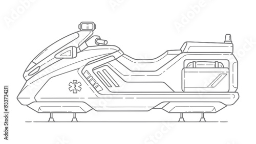 Emergency Snowmobile : A detailed technical illustration of an emergency snowmobile, meticulously designed for swift response in challenging winter terrains. 